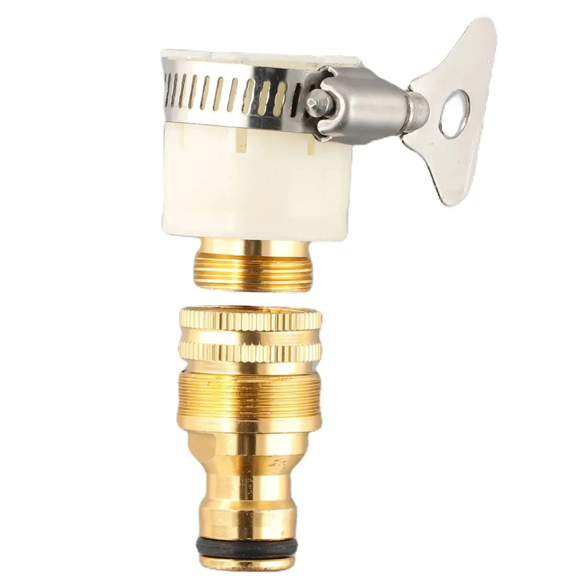 A brass garden hose tap adapter with a plastic connector and threaded fitting.