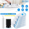A stack of clear vacuum storage bags is shown next to a black electric pump and a white charging unit.