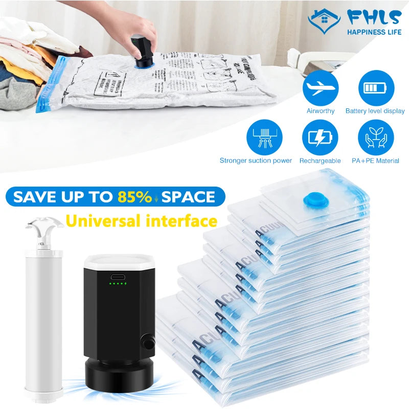 A stack of clear vacuum storage bags is shown next to a black electric pump and a white charging unit.