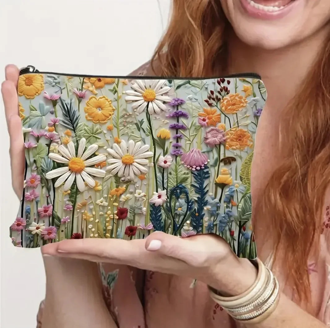 Floral Print Canvas Makeup Bag with Double-Sided Design