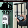 A hand holds a Master Lock portable combination key safe with a weather-proof metal body, demonstrating a flexible solution f