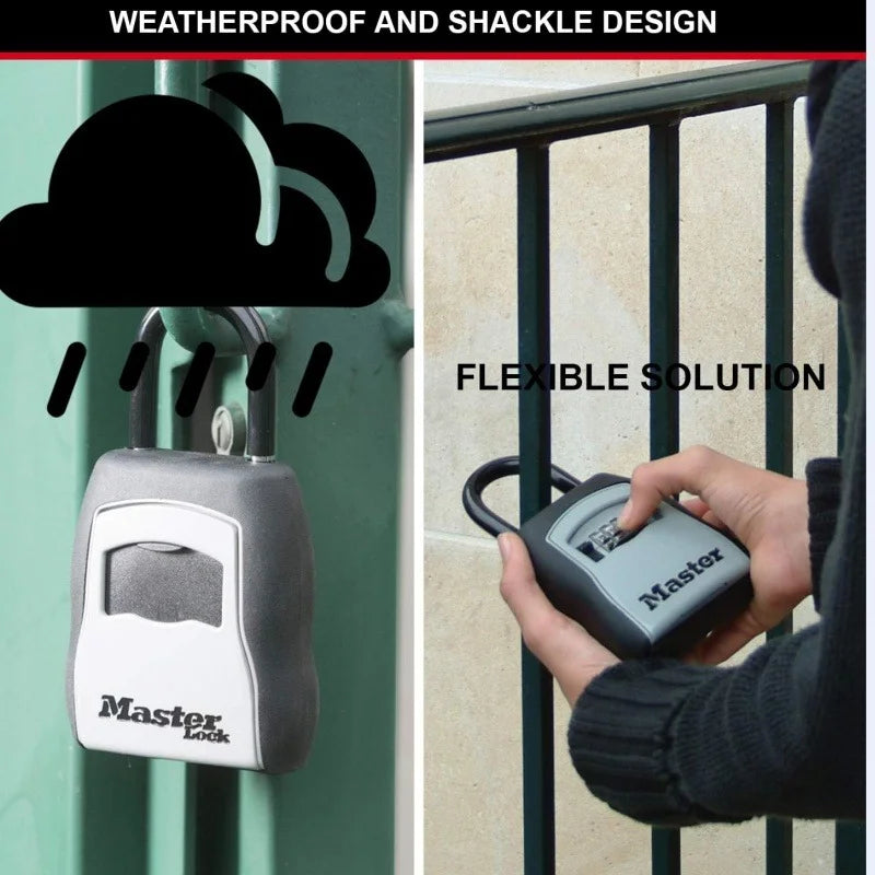 A hand holds a Master Lock portable combination key safe with a weather-proof metal body, demonstrating a flexible solution f