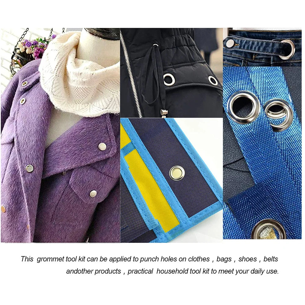 A collection of various grommet and eyelet tools including pliers, for applying holes on clothing and other products.