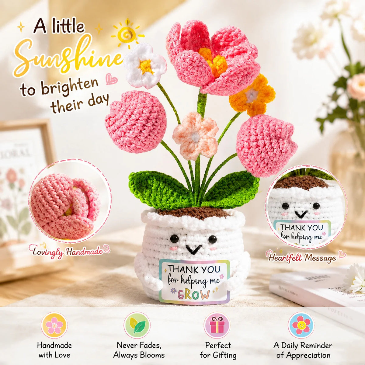 Handmade crochet pocket hug doll with a flower arrangement and various appreciation messages
