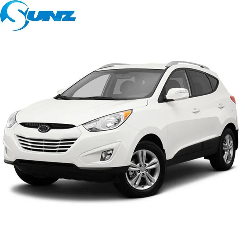 White side window deflectors for a Hyundai Tucson vehicle.