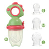 A rotating silicone baby fruit feeder in green and pink with various sized silicone nozzles labeled S, M, and L.