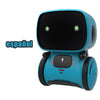 A teal robot toy with a black head and body, featuring a microphone and REC button.