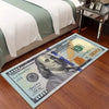 A runner rug featuring a design of a $100 Federal Reserve Note on a light blue background.