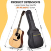A black padded guitar gig bag shown next to an acoustic guitar, illustrating product dimensions.