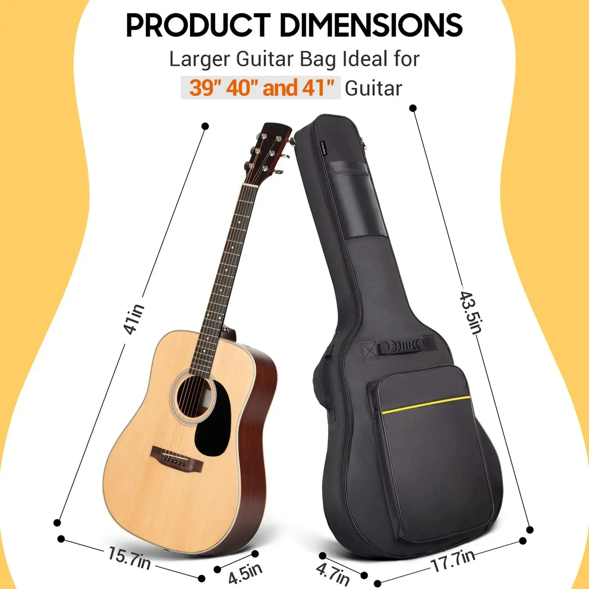 A black padded guitar gig bag shown next to an acoustic guitar, illustrating product dimensions.