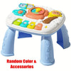 A white baby interactive activity table with colorful accessories including a piano and steering wheel.