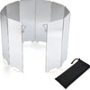A portable aluminum alloy windshield for camping stoves, shown folded and with a black carrying bag.