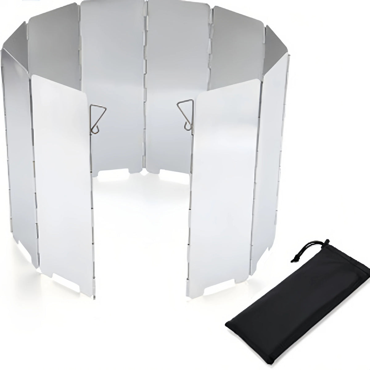 A portable aluminum alloy windshield for camping stoves, shown folded and with a black carrying bag.