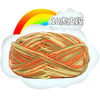 A ball of orange and beige milk cotton blend yarn is shown against a white cloud with a rainbow background.