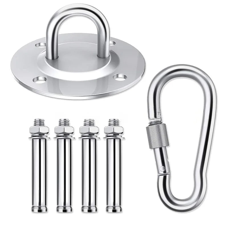 Heavy-duty stainless steel ceiling mount hanging kit with a circular plate and four cylindrical hooks