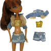 A fashion doll wearing a denim outfit with a suede vest, faux fur trim, and matching accessories.