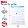 A white vacuum storage bag with a blue seal and a hand pump is shown, demonstrating its use for storing items.