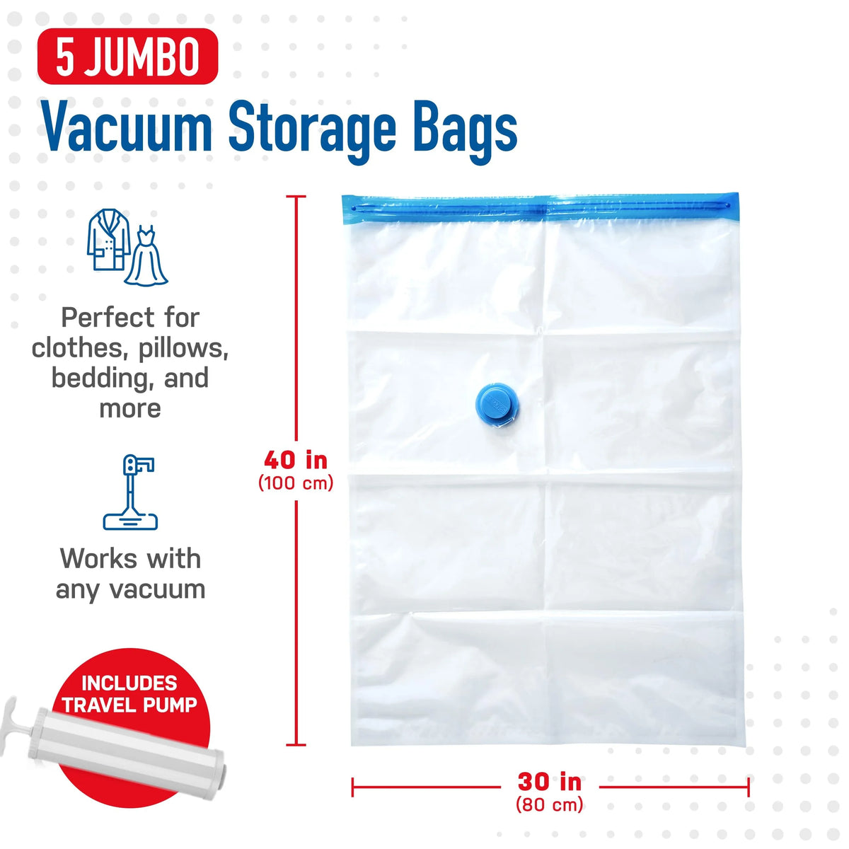 A white vacuum storage bag with a blue seal and a hand pump is shown, demonstrating its use for storing items.