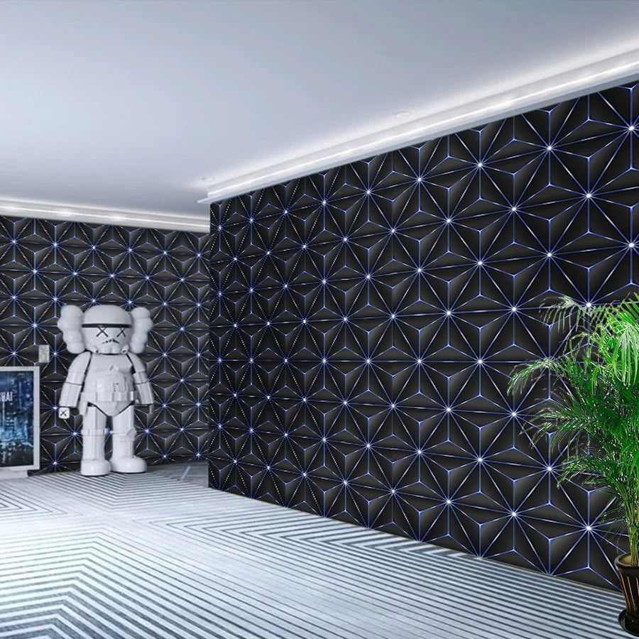 Modern geometric patterned wallpaper on a wall with a white figure and striped floor.