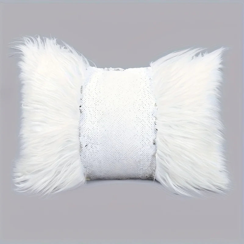 White sequin fur cushion cover with silver and gold decorative fringe