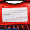 A red tool box containing metric and inch sizes of bolts and nuts for checking threads.