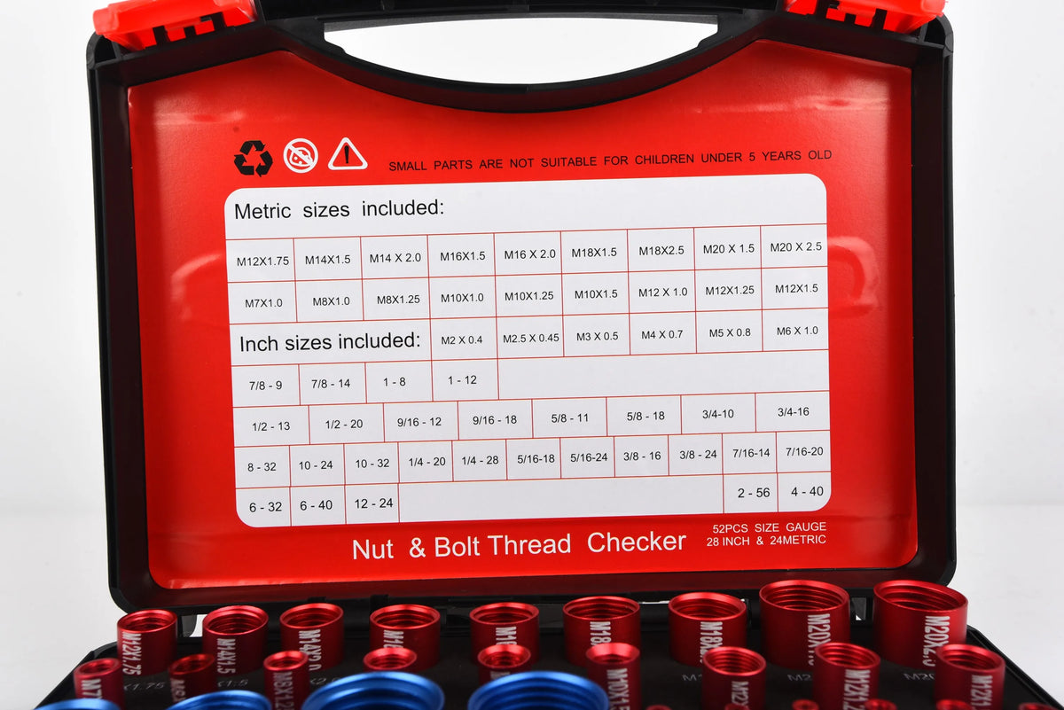 A red tool box containing metric and inch sizes of bolts and nuts for checking threads.