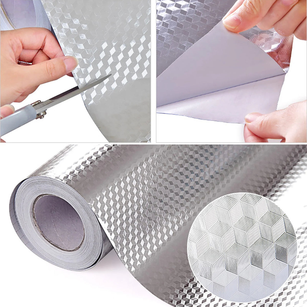 Close-up view of aluminum foil kitchen backsplash sticker being cut and rolled for use as a waterproof wall protector.