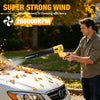 A man is using a yellow cordless blower on a white car, demonstrating strong wind for cleaning efficiency.