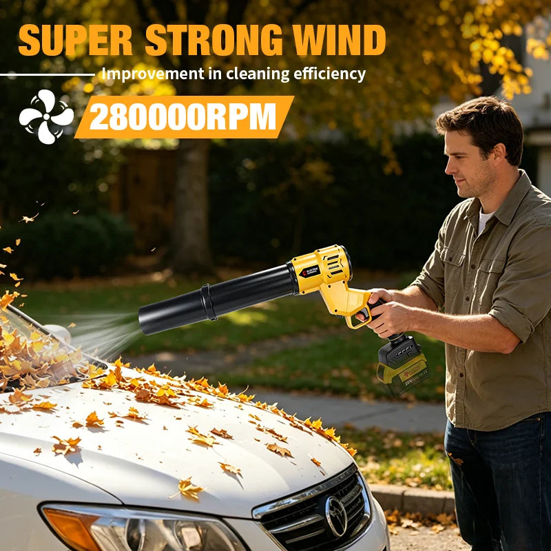 A man is using a yellow cordless blower on a white car, demonstrating strong wind for cleaning efficiency.