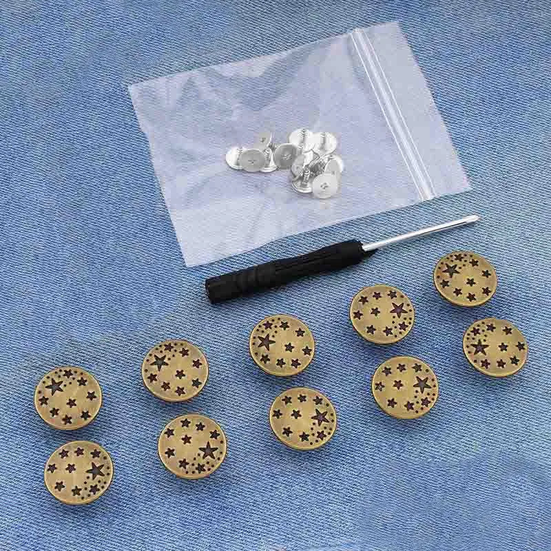 A silver instant no-sew snap button kit is shown on a white cloth, with several buttons laid out.