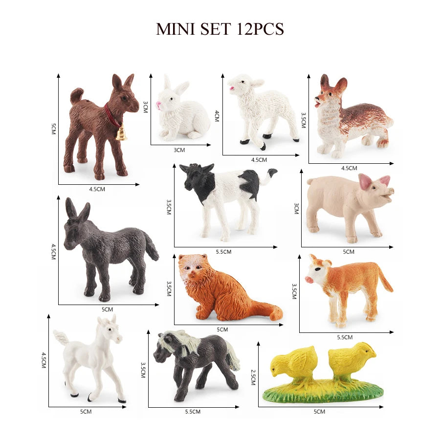 A mini set of 12 realistic animal figurines including a deer, rabbit, fox, pig, and others for kids.