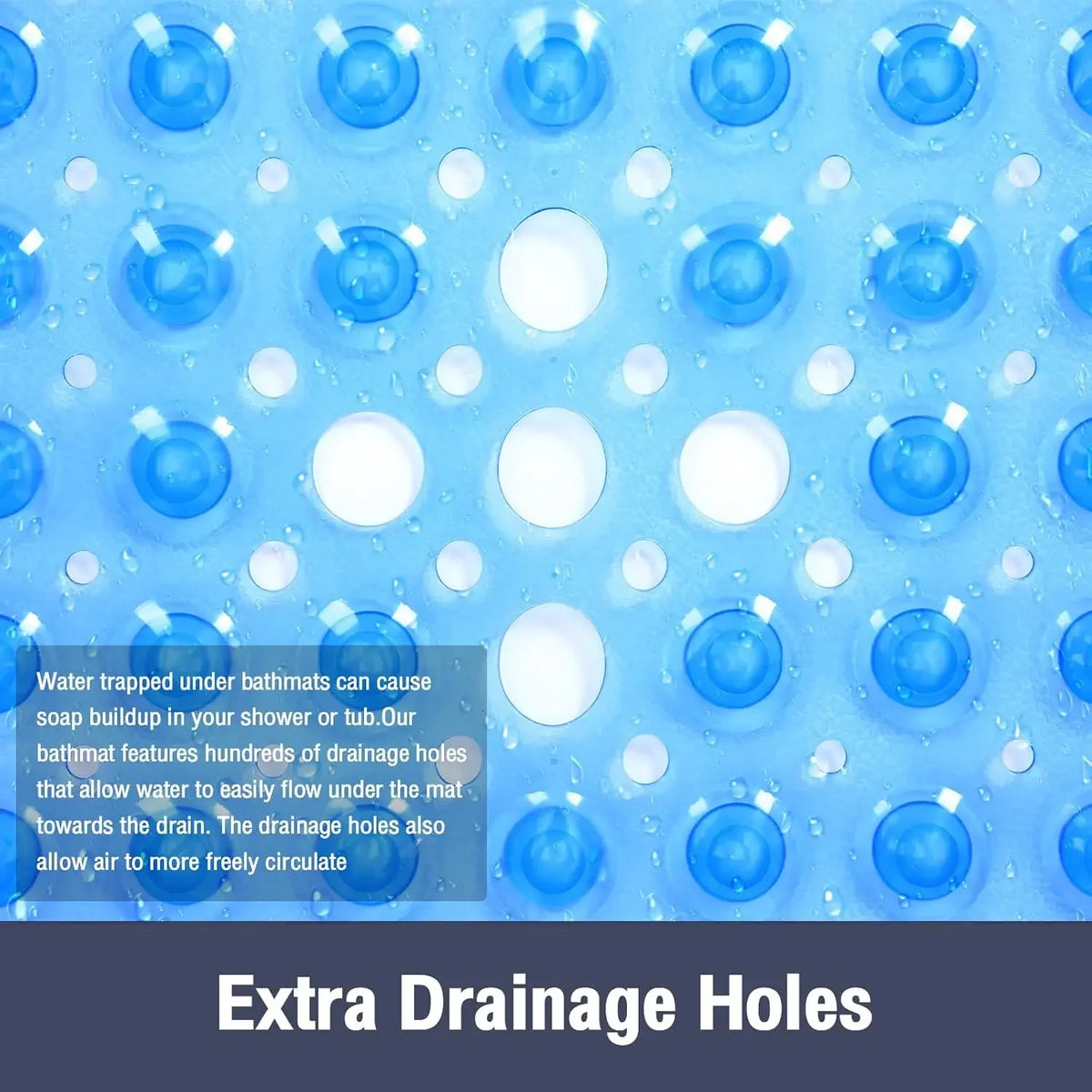 Close-up of a blue non-slip shower mat with numerous drainage holes and suction cups for bathroom use