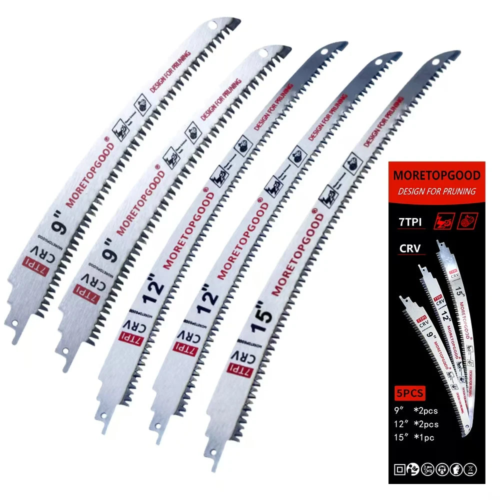 A set of nine, twelve, and fifteen inch Japanese teeth wood pruning reciprocating saw blades for CRV vehicles.
