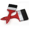 A red paint brush with a black bristles and silver metal ferrule on a plastic handle.