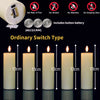 A set of five white LED pillar candles with a remote control and timer are displayed against a black background.