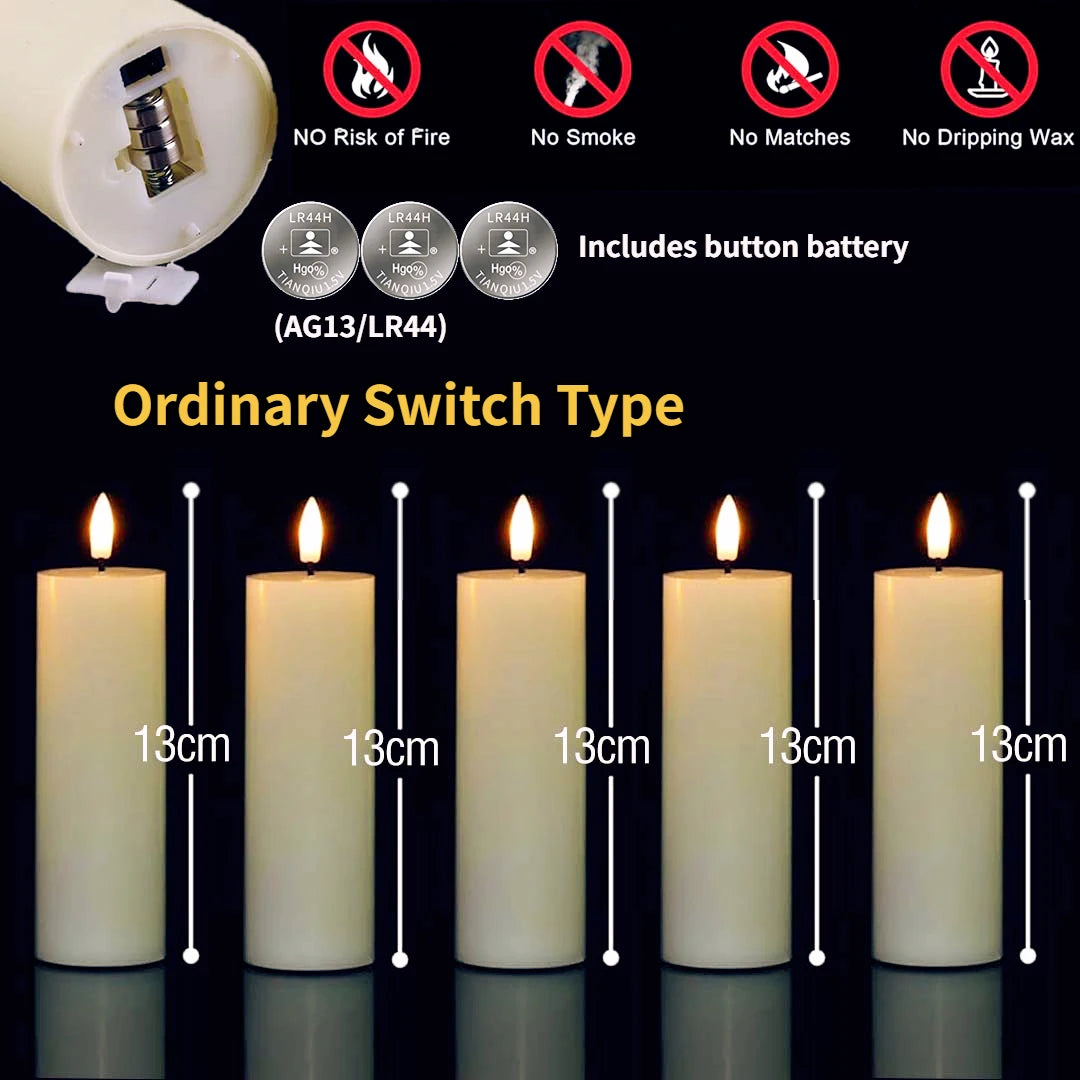 A set of five white LED pillar candles with a remote control and timer are displayed against a black background.