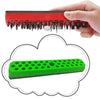 A hand holds a red screwdriver bit holder rack, and a green plastic slot grid is shown in a cloud outline.