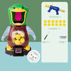 A green duck-shaped target game featuring a soft dart gun, yellow darts, and accessories for shooting practice.