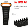 Black heavy-duty wrench organizer tray with an orange handle and various sized wrench inserts for a 10-piece set