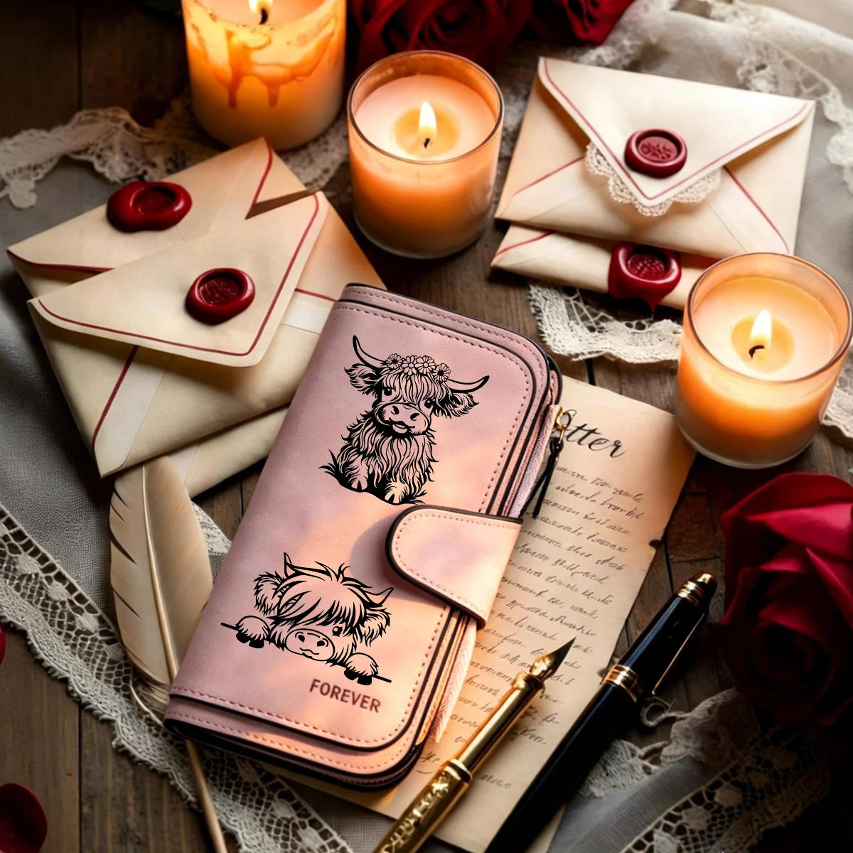 Adorable Highland Cow Long Wallet with Zipper Closure