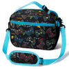 Black insulated lunch bag with a teal strap featuring a gamer theme and multiple game controllers