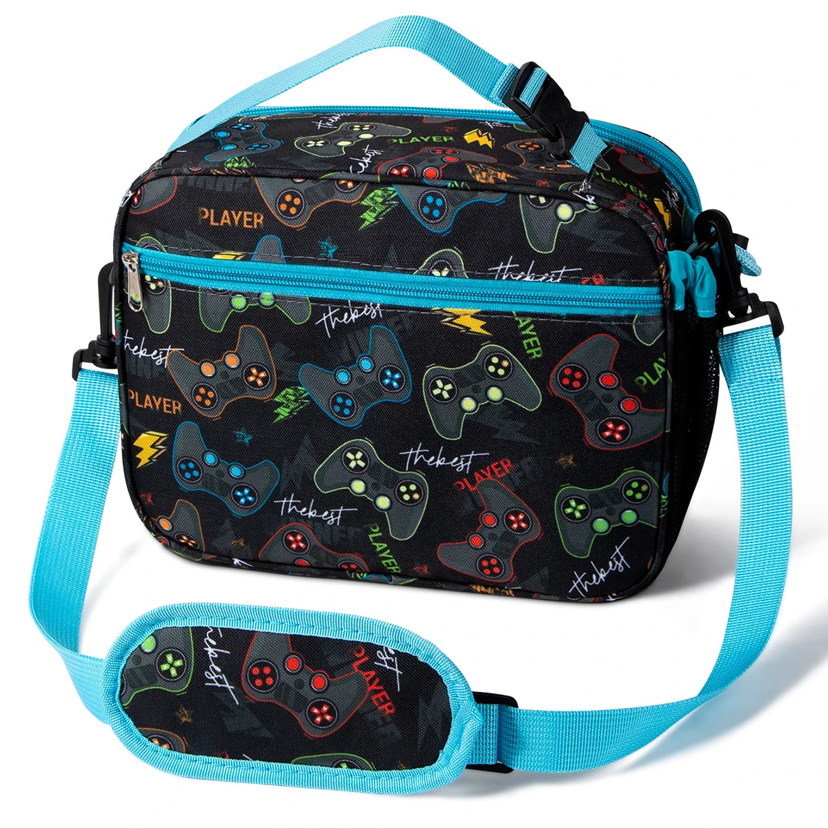 Black insulated lunch bag with a teal strap featuring a gamer theme and multiple game controllers