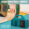 A portable battery organizer for Makita 18V/14.4V power tool batteries shown next to a power tool.