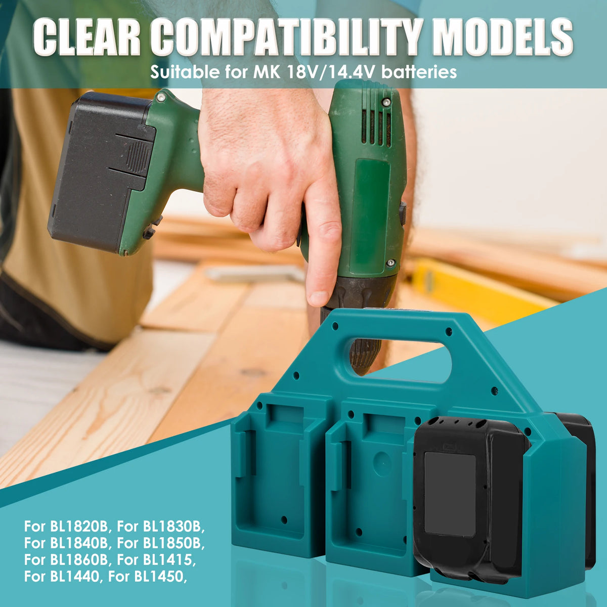 A portable battery organizer for Makita 18V/14.4V power tool batteries shown next to a power tool.