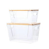 Stackable clear pantry storage bins with bamboo lids shown side by side