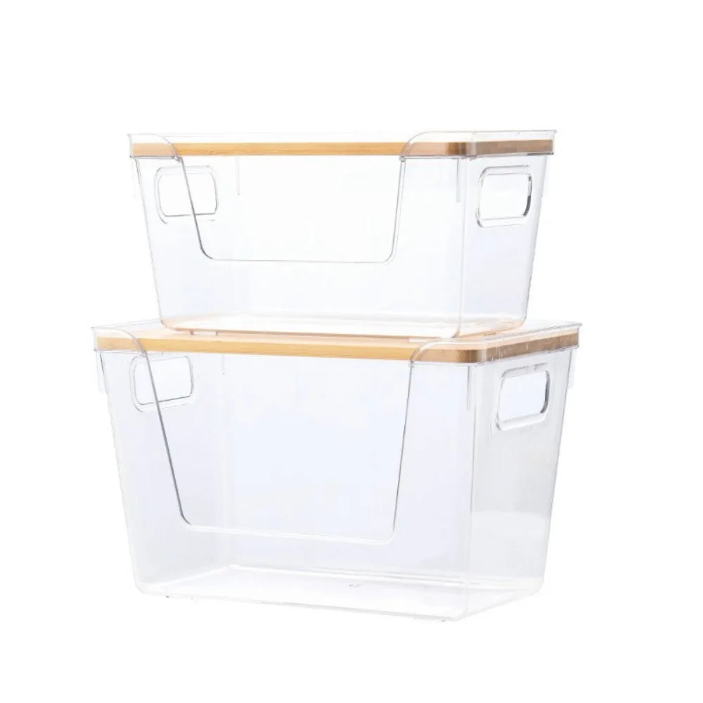 Stackable clear pantry storage bins with bamboo lids shown side by side
