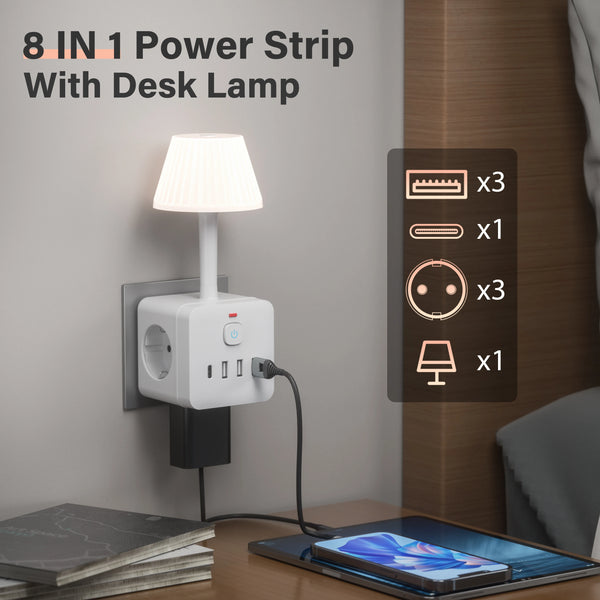 Regleta de energía de 8 en 1 con lámpara de escritorio montada en la pared, mostrando varias tomas y opciones de iluminación.