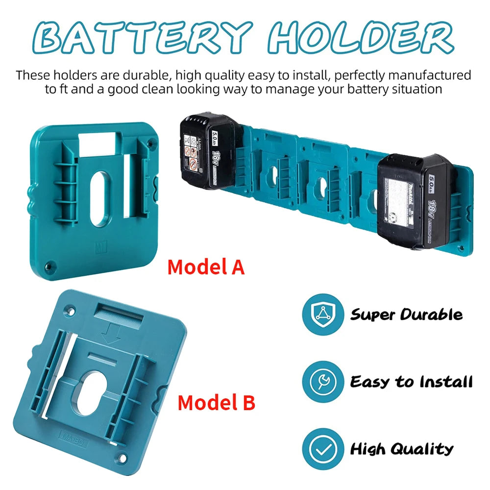 Three battery holders, Model A and Model B, are shown for managing Makita 18V batteries.