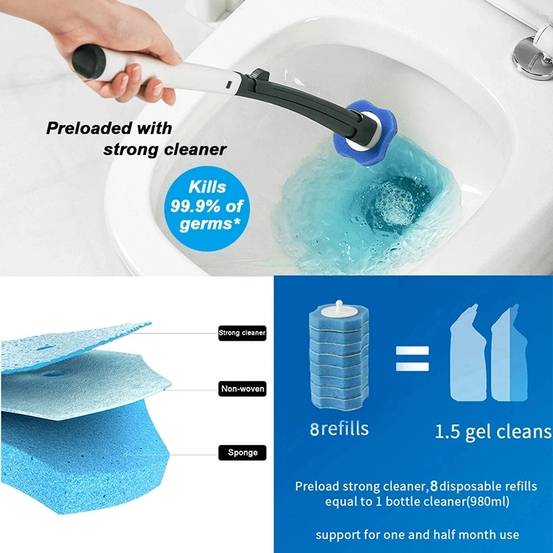 Disposable toilet cleaning brush preloaded with a strong cleaner and sponge for effective toilet cleaning