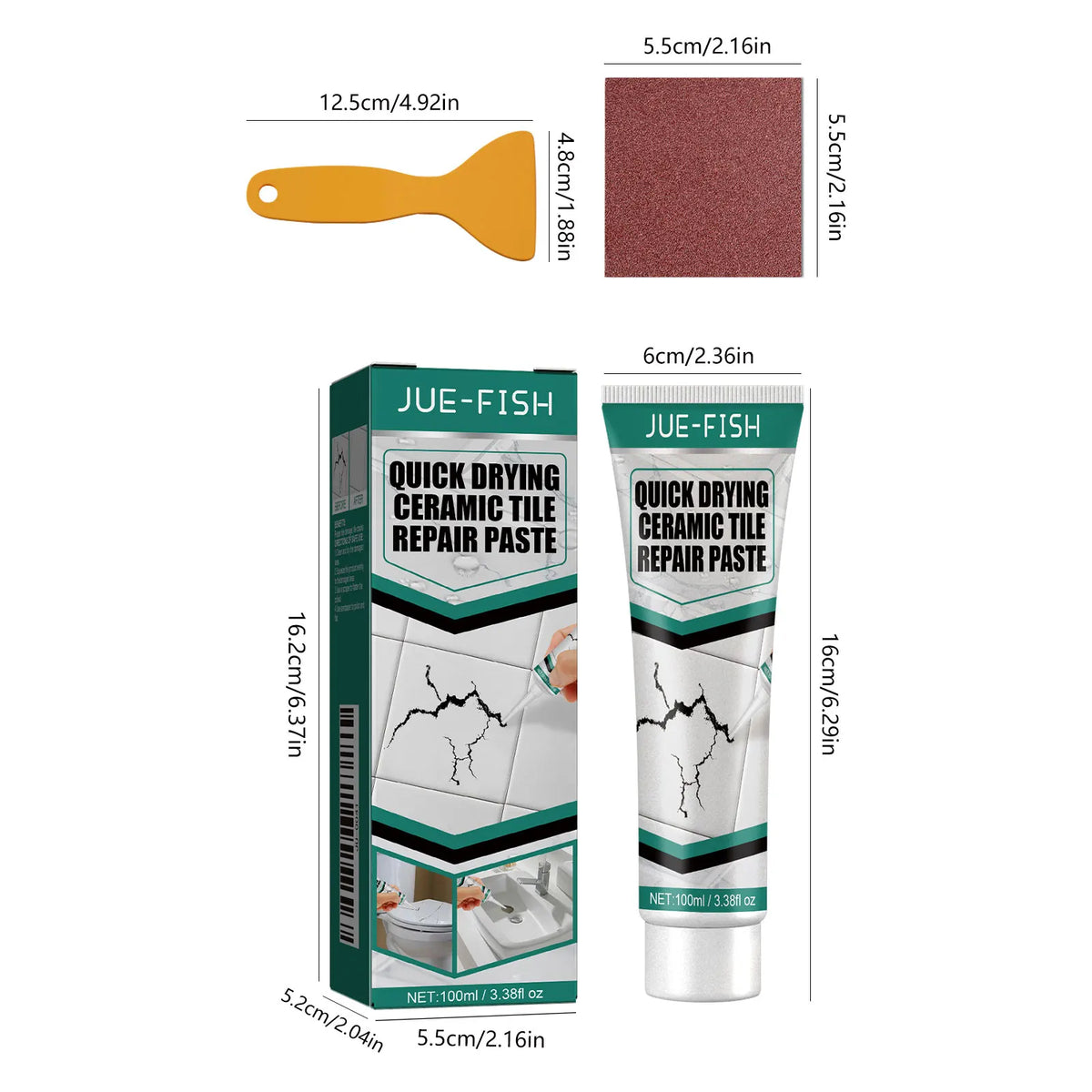 Tube of Jue-Fish quick drying ceramic tile repair paste with an orange applicator tool